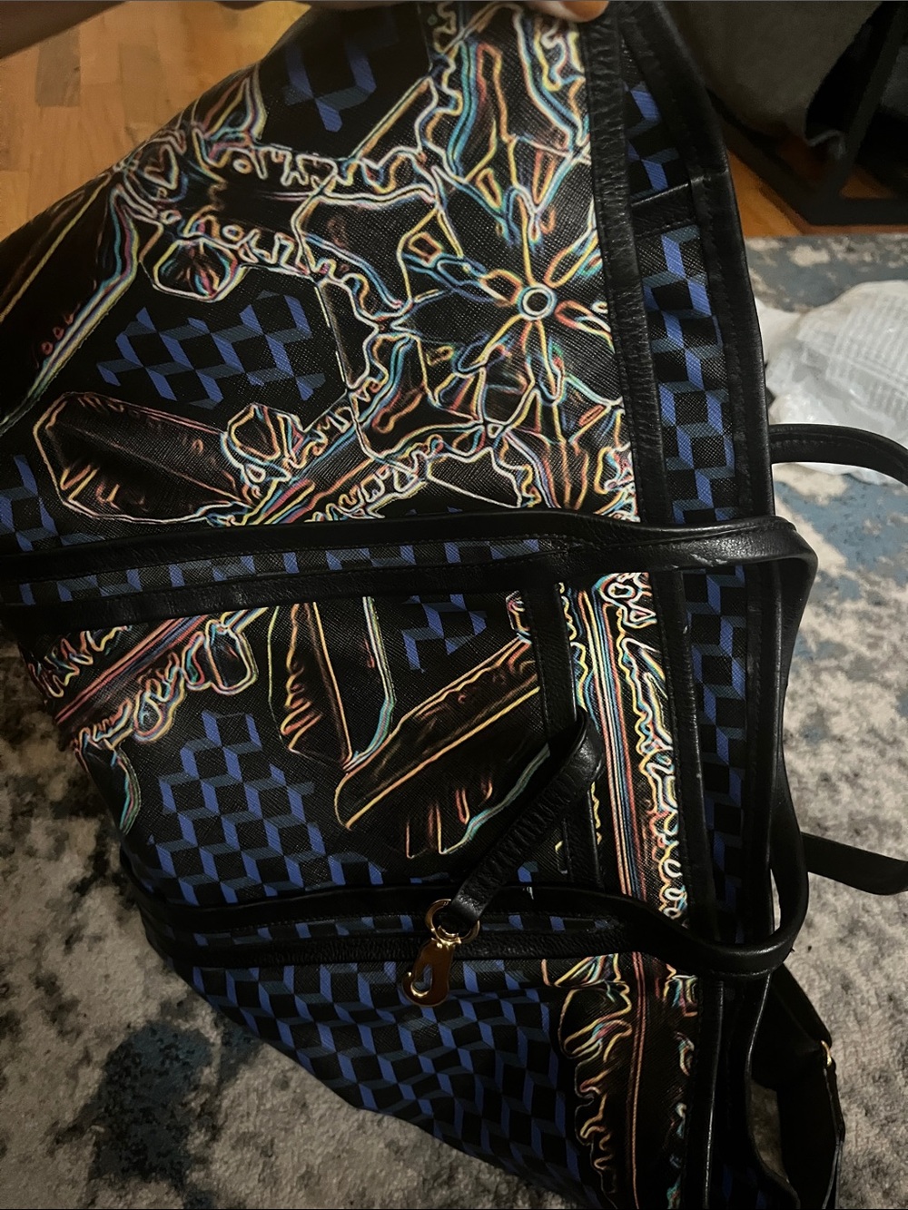 Pierre Hardy Black Duffel with Blue Checker and Multicolor Botanical Details